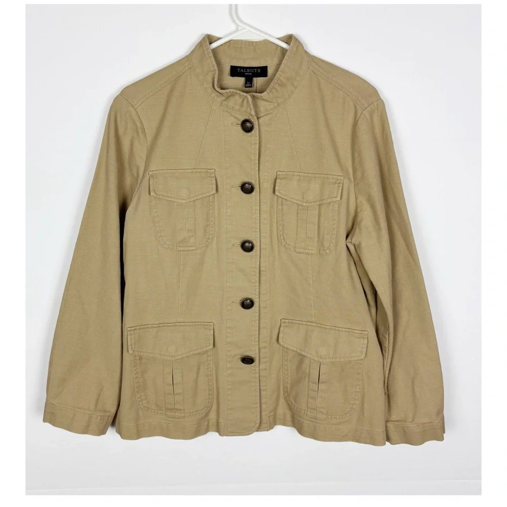 Talbots Petite Band Collar Jacket Size Lp Beige Button Front